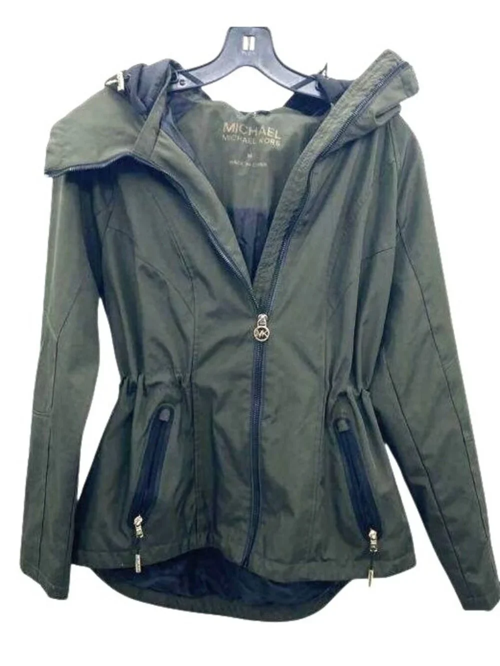 Michael Kors Womens Olive Green Hooded Jacket With Gold Zipper Accents Size M